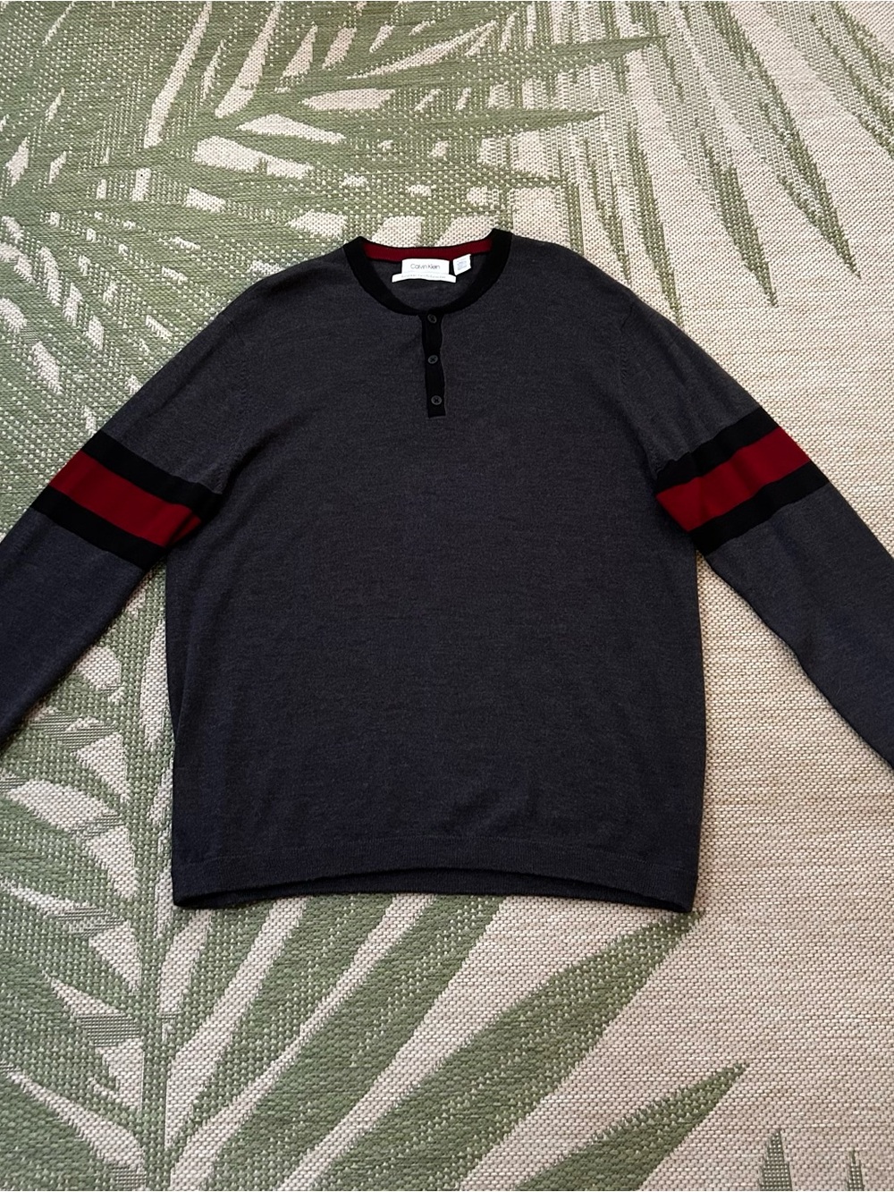 Calvin Klein European Yarn Charcoal Crewneck Sweater with Red Sleeve Stripes XL
